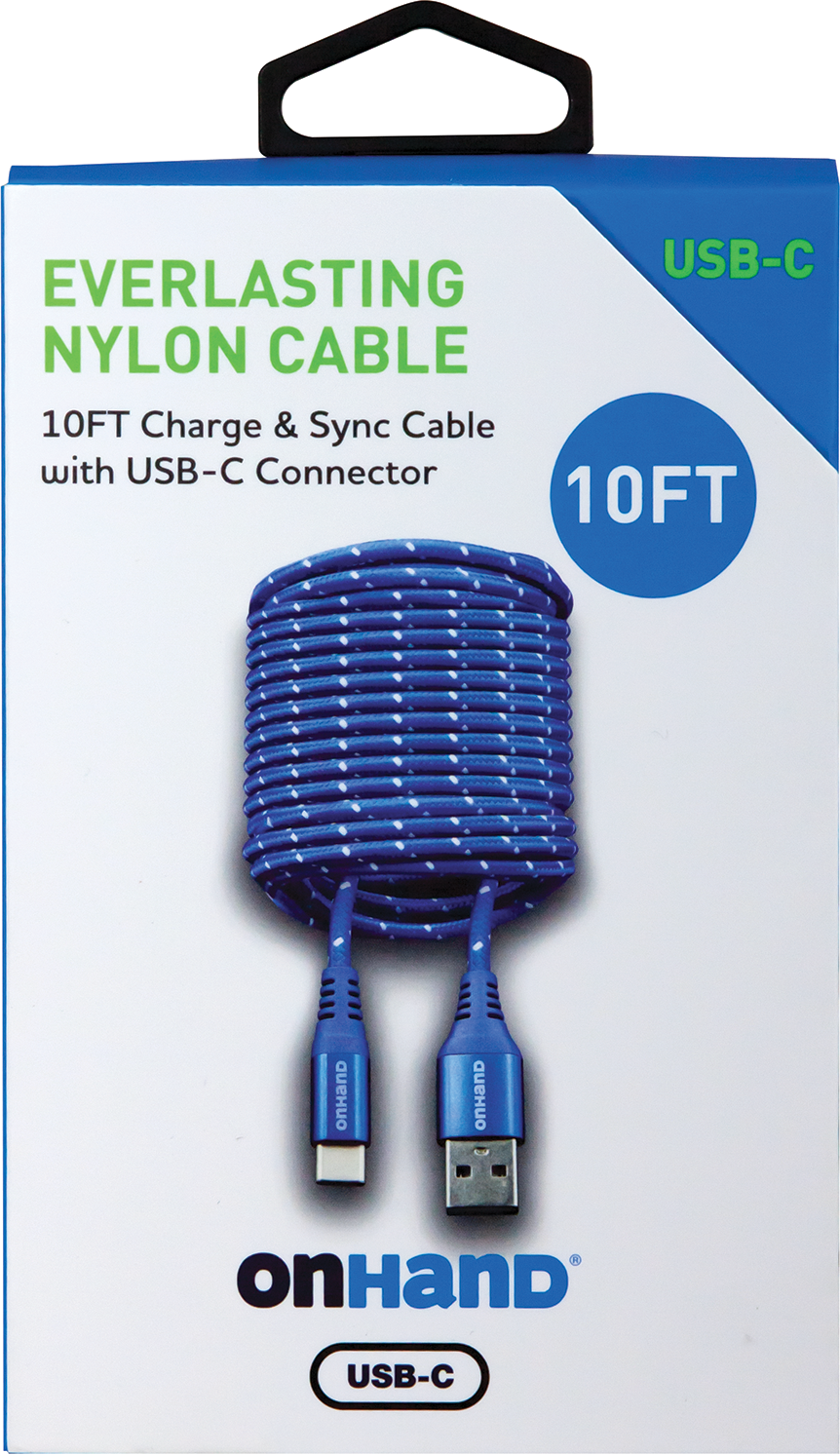 OnHand USB-C Charging CBL 10ft BP, Blue - ONLINE ONLY